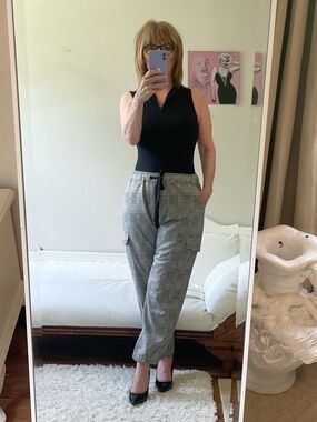 SANCTUARY BLACK WHITE BROWN HOUNDSTOOTH CARGO TROUSERS DRAWSTRING POCKETS PANTS